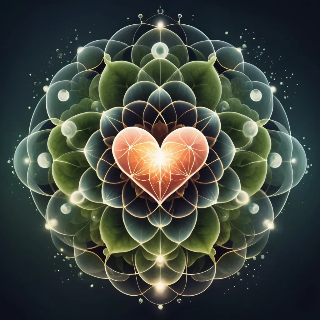 Prompt: a nature image with sacred geometry with a heart shape at the center and 7 bubbles around the heart