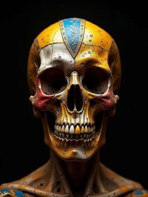 Prompt: Title: Egyptian Skull

Theme: The Egyptian colours interwoven into the skull

Effects: depicting a alien skull made of the coloursand patterns in ancient egypt

Main Colours: gold white red blue

Backgrounds tomb underground dark

Foreground: the skull will be alien and  coloured completely with colours

Specifics will look worn and used damaged in places jewels will be present

