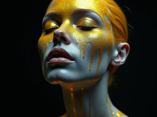 Prompt: Title: Melting

Theme: art with clear honey dripping melted down face

Effects: glitter reflections

Main Colours: grey and yellow

Backgrounds: black

Foreground: face in grey looking to the side with eyes shut

Specifics flecks of gold on the face, drops of honey like sweat, face made of black lava rock as well as grey skin
