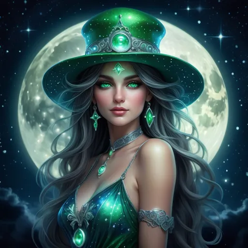 Prompt: (character portrait) ( zodiac Aquarius beautiful woman ), vibrant green eyes, elegant hat, standing gracefully, in front of a luminous full moon, scattered twinkling stars, enchanting fantasy art style, inspired by Anne Stokes, mystical ambience, dark night sky with deep blues and shimmering silvers, highly detailed, intricate textures, 4K resolution, ethereal glow surrounding her, captivating gaze, serene expression.