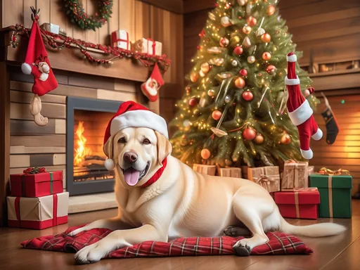 Prompt: Happy scene of a Labrador Retriever with adorable (honey-colored fur), with Santa Claus, playful expression, cozy winter atmosphere, detailed (Santa Claus) with a jolly smile, whimsical (reindeer) nearby, Christmas stockings, warm glowing chimney light, vibrant holiday colors, festive decorations, high detail, (ultra-detailed), heartwarming and cheerful mood, capturing the joy of the holiday season.