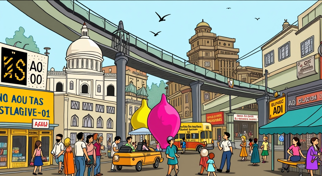 Prompt: a cartoon street of a famous cities of India with like Taj Mahal, with people walking around and a train on the tracks above them, Ella Guru, futurism, promotional image, poster art