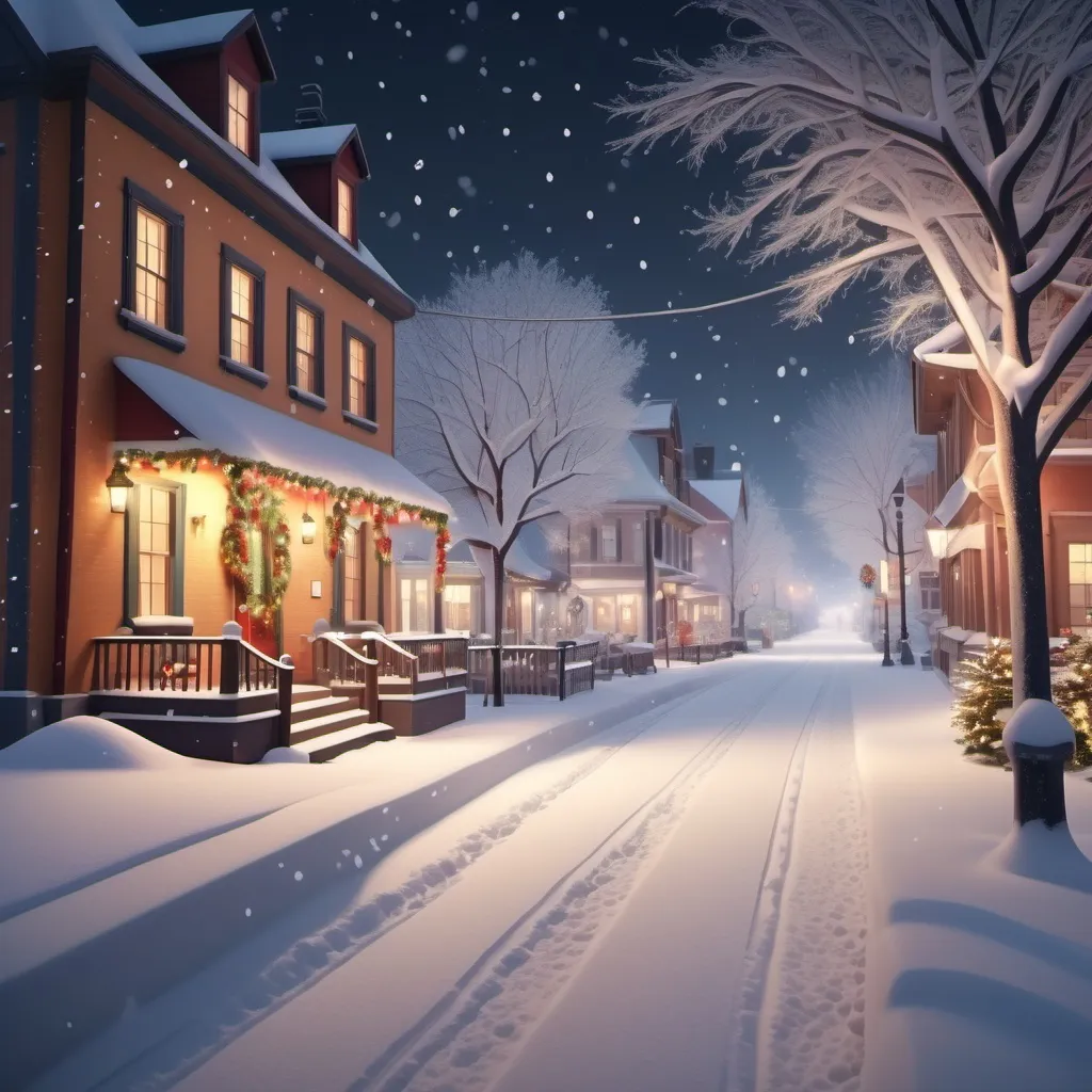 Prompt: (realistic scene) small town, (festively adorned) Christmas lights, (tranquil) snowfall everywhere, warm color scheme, cozy ambiance, charming houses, illuminated streets, soft glowing lights reflecting on white powdery snow, peaceful winter atmosphere, (4K) ultra-detailed, inviting holiday spirit, serene winter night, gently falling snowflakes enveloping the scene.