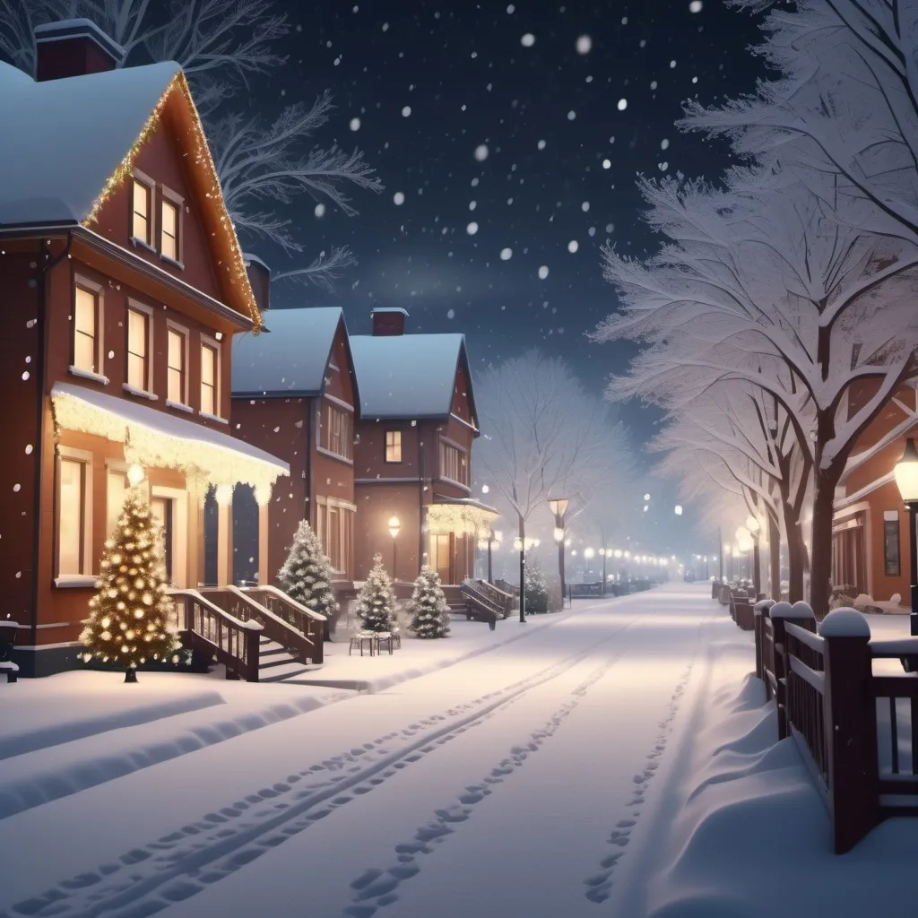 Prompt: (realistic scene) small town, (festively adorned) Christmas lights, (tranquil) snowfall everywhere, warm color scheme, cozy ambiance, charming houses, illuminated streets, soft glowing lights reflecting on white powdery snow, peaceful winter atmosphere, (4K) ultra-detailed, inviting holiday spirit, serene winter night, gently falling snowflakes enveloping the scene.