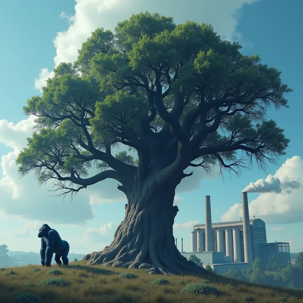 Prompt: A blue gorilla that is realistic. A large intricate tree in the background with a medium sized industrial factory including smoke out the top. No other details in the background. blue sky with clouds. 