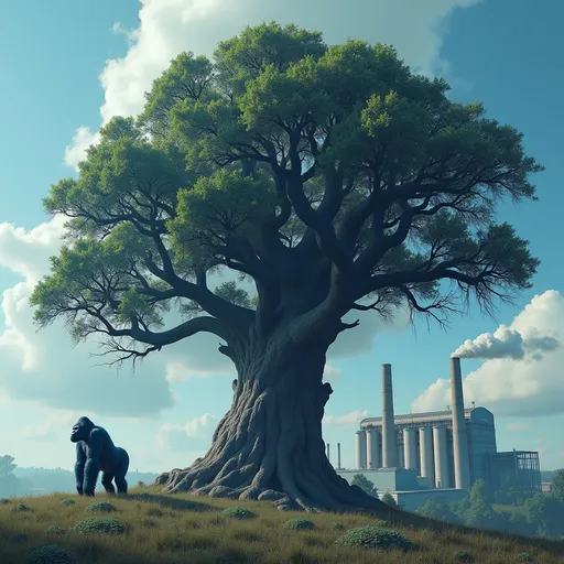 Prompt: A blue gorilla that is realistic. A large intricate tree in the background with a medium sized industrial factory including smoke out the top. No other details in the background. blue sky with clouds. 