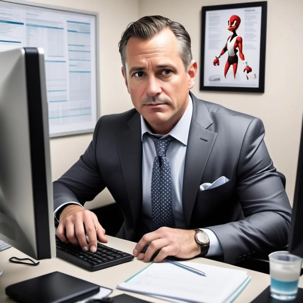 Prompt: Disney style 40 yr old CEO wearing a suit working on the computer in his office, at the hospital 