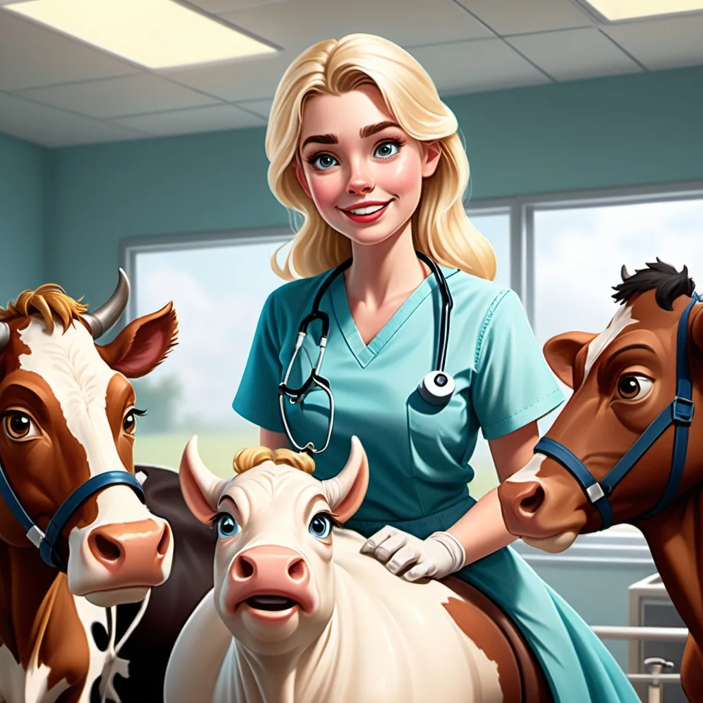 Prompt: Disney style young blonde woman with a name tag ‘Doctor Beth’ doing open heart surgery on a horse, being watched by a group of cows