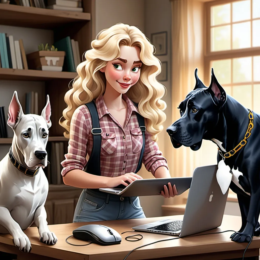 Prompt: Disney style farm girl with long curly blonde hair working on a computer surrounded by two great danes