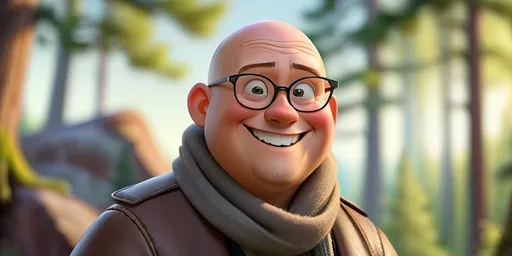 Prompt: cartoon character in leather jacket and scarf around his neck, smiling looking at the camera, wearing glasses, bald head, fat round face against forest background, Adrian Zingg, photorealism, pixar and disney animation, character portrait