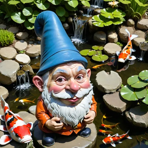 Prompt: Yard Gnome next to a koi pond