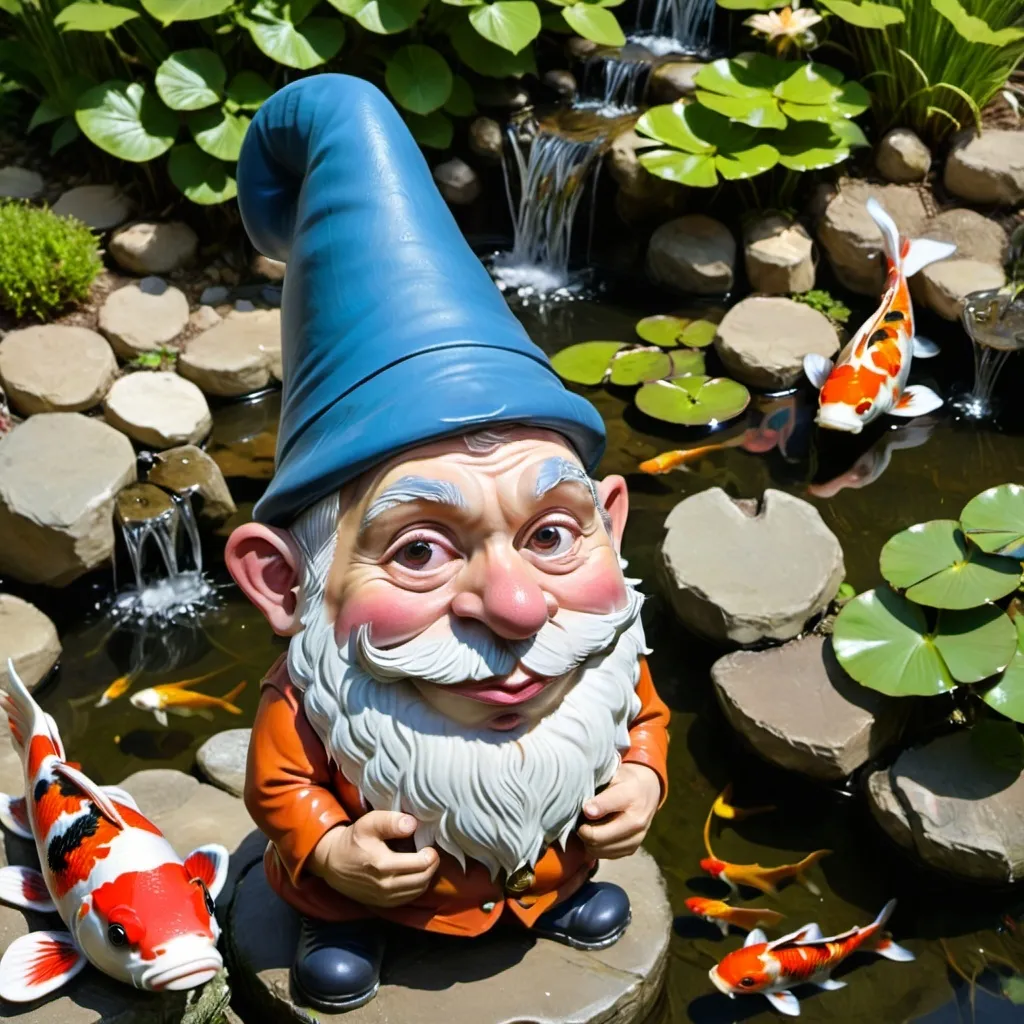 Prompt: Yard Gnome next to a koi pond