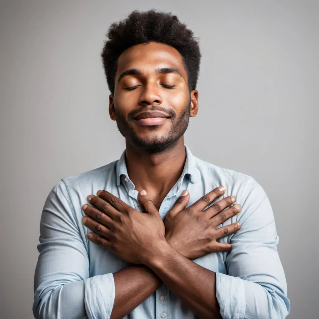 Prompt: A man with his eyes closed with his hands crossed on his chest signifying peace and happiness
