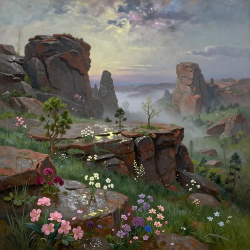 Prompt: Imagine a breathtaking springtime landscape in exquisite oils, dominated by a high, expansive plateau with wet ground, alien and otherworldly wildflowers and grass, dotted with towering, magnificent stone formations—ancient, craggy reddish-gray cliffs and sculptural rock spires rising from scattered rocky outcrops. The plateau is relatively flat but punctuated with dramatic stones, their weathered surfaces etched by time. Moisture-laden air and gentle mist create a humid atmosphere that clings to every crevice, lending a soft, ethereal glow. In the distance, a foggy valley stretches beyond the plateau, barely visible through the haze, suggesting vast, hidden depths.

Nestled within cracks and terraces of the stone, an otherworldly rock garden thrives. Delicate life emerges improbably from the rocks: tender green shrubs, grass, small wind-shaped trees, and fantastical spring flowers rooted in narrow seams of soil. Soft pink, dark velvety magenta, lavender, cream, sapphire and white blossoms grow along rocky ledges and blooms flourish in pockets between boulders, as if the plateau itself is flowering.

Moonlight glimmers on dew-kissed petals and mineral surfaces alike, lending a cool, faintly golden glow to the rocks and blossoms. Above, wispy clouds drift across a star-filled night sky streaked with distant nebulae, casting subtle shadows that emphasize the plateau’s textured surfaces. Below, lush dark green grasses ripple gently across the plateau floor, reinforcing the contrast between unyielding stone and fragile life.

Rendered as a highly detailed oil landscape in the spirit of 19th-century realist painting, the scene invites viewers to lose themselves in the serene tension between monumental geology, humid atmosphere, and the quiet persistence of spring.