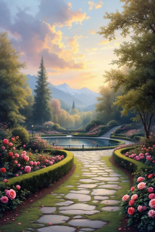Prompt: varied roses bordered by neat hedges, blooming along curved stone paths through exquisitely beautiful park and pond at twilight. Moody sky with blush, indigo and gold. puddles on the ground. Distant mountains. Encroaching mist. springtime trees all around. Oil painting