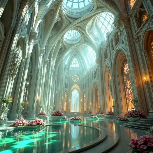 Prompt: Imagine stepping inside an awe-inspiring, light-filled alien palace inspired by art nouveau aesthetic, where the ceilings soar to unimaginable heights, their arches a symphony of intricate, flowing forms that defy conventional gravity. Suspended, glowing crystals and artisanal sconces light up dark corners. The cathedral is adorned with otherworldly flowers as for an alien wedding. The polished, light stone walls are adorned with mesmerizing carvings that seem to pulse with energy, intricately detailed and reflecting hues of ethereal light. Skylights allow an outpouring of outside sunshine to light up the interior. Radiant stained-glass windows compose a kaleidoscope of alien colors, casting brilliant patterns onto the cold, polished floor below. Pools of water in ornate raised pools adorn the space. An otherworldly glow fills the space, enhanced by shimmering wisps of luminescence that drift lazily in the air, evoking a sense of serenity and wonder. Soft shadows dance between the columns, creating a rich visual contrast as if the architecture itself is alive. Envision this captivating scene painted in rich oils, capturing both the grandeur and mystery of this celestial sanctuary. Fine arts painting, oils.