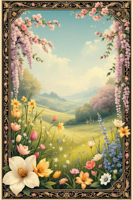 Prompt: A Victorian-inspired spring greeting card illustration, ornate 19th-century chromolithograph style. A softly glowing pastoral meadow sits within an elaborate decorative border. The sky is a gentle robin’s-egg blue with small cottony clouds brushed in pale cream and blush. Golden sunlight washes the scene in a warm, sentimental glow.

The meadow below is lush but delicately arranged rather than wild — dark-emerald grasses dotted with wildflowers, snowdrops, crocuses, pink and yellow daffodils, bluebells, lavender and rose tulips, white lilies, wild roses, hollyhocks, forget-me-nots, lilies, carnations, delphiniums, wisteria and blooming lilacs. Flowering cherry and apple blossoms arch inward gracefully, while wisteria and clematis trail in decorative curves. Colors are slightly softened and romantic, like antique ink printing with subtle paper texture.

The entire composition is framed by an intricate curlicue border of twisting ivy, fine inked scrollwork, and ornamental flourishes reminiscent of embossed Victorian greeting cards. The frame forms an elegant oval vignette, with botanical embellishments and delicate gold filigree accents. Slight sepia undertones, visible paper grain, softly faded edges, and a nostalgic, heirloom quality.