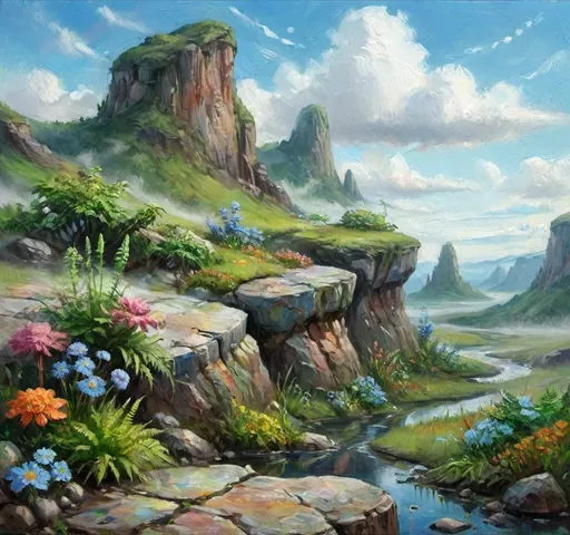 Prompt: natural rock garden on alien planet with delicate, colorful, otherworldly flowers growing on the wet, rocky surface of mist-covered cliffs. Blue sky, fluffy clouds, vegetation-covered cliffs with tall green grass, wildflowers, shrubs, flowering vines and ferns. Puddles with algae. Sci-fi fine arts illustration, oils