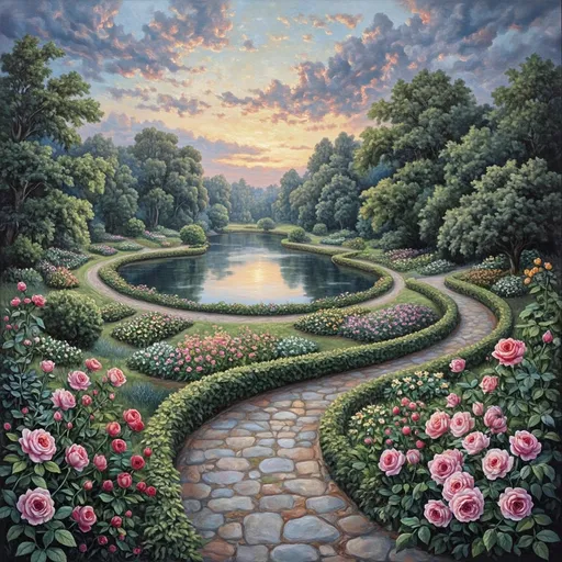 Prompt: varied roses bordered by neat hedges, blooming along curved stone paths through exquisitely beautiful park and pond at dawn. Moody sky with indigo, gold and blush. Oil painting