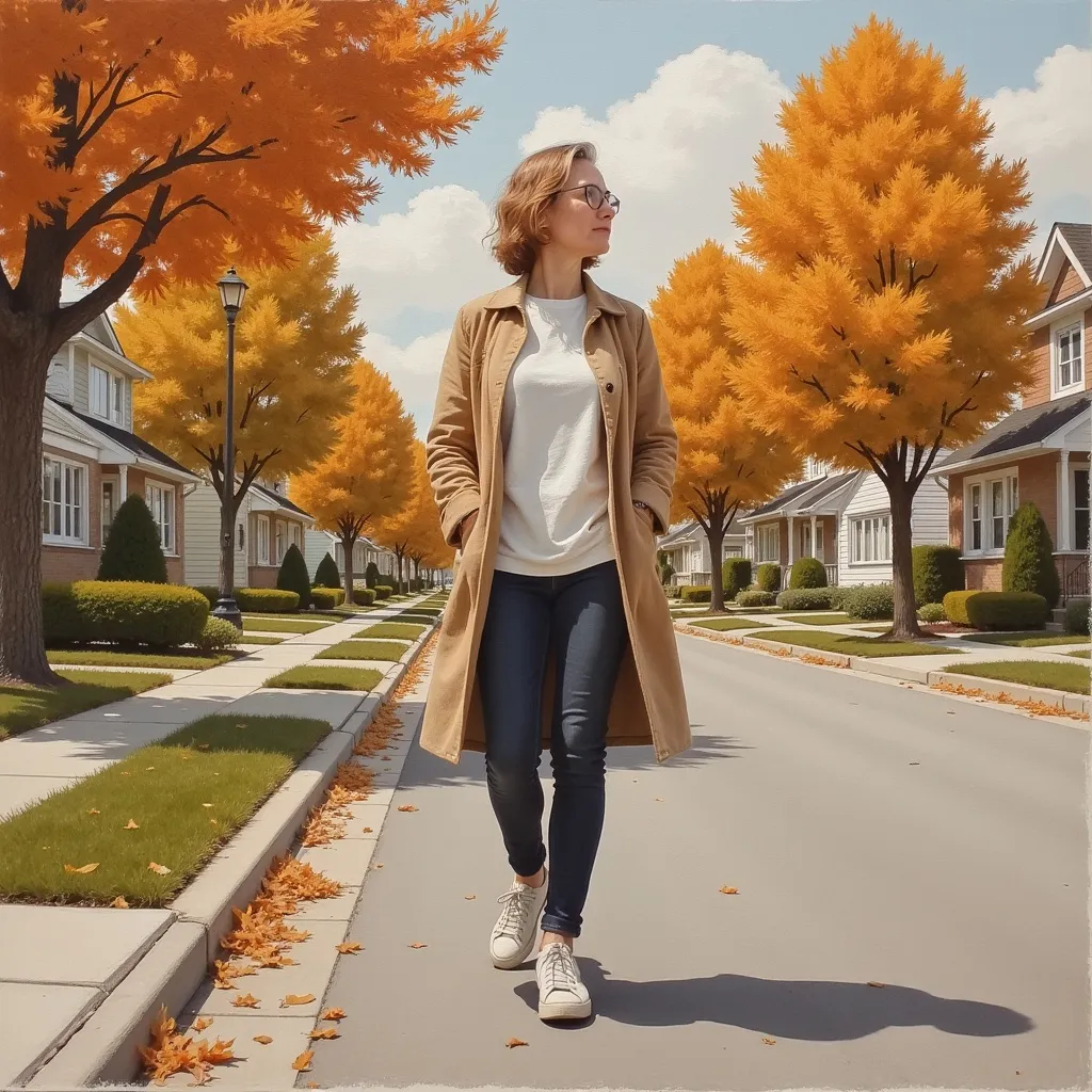 Prompt: thoughtful woman with chin-length hair, in tights and long tee, walks along residential street with fall trees, fine arts illustration, highly detailed landscape, oils