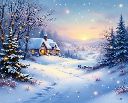 Prompt: A whimsical, misty landscape unfolds as delicate snowflakes gracefully tumble from the twilight sky, blanketing the ground in a layer of shimmering white. In the distance, a quaint village glows warmly, its rustic cottages adorned with twinkling lights, surrounded by gentle hills that fade into the soft embrace of the horizon. The atmosphere is infused with a sense of magic and joy, inviting the viewer into a serene winter wonderland. The low light of dusk casts a dreamy glow on the sparkling snow, accentuating the tranquility of early winter. This captivating scene is captured in the rich, textured style of an oil painting, where the colors swirl together, evoking feelings of peace and enchantment.