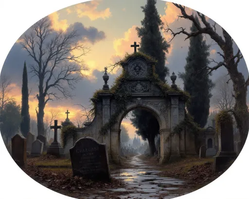 Prompt: Visualize an oval-shaped, atmospheric fine arts oil painting of the city cemetery in Roman, Romania, with downed branches and leaves after a summer storm passed. Puddles on the ground. The sky, a gradient of indigo, gold and blush, casts a haunting yet serene ambiance over a weathered stone archway adorned with intricate carvings and topped with a cross, partially draped in creeping ivy. Dark, towering deciduous trees loom in the background, their branches whispering secrets to the breeze. A pathway, lined with ancient tombstones, leads into the cemetery’s tranquil depths, where shadows dance delicately.  The scene is infused with a sense of history and reverence, wrapping the viewer in an evocative embrace, reminiscent of a melancholic yet beautiful memory.