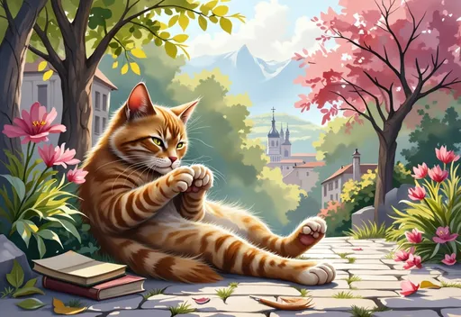 Prompt: storybook illustration of cat-like Leonardo Davinci, who examines his paw as he naps on a sunny cobblestoned path, book and quill discarded, dappled sunlight filtering through springtime trees in a lush Renaissance garden, fine arts watercolor painting, vibrant colors contrasting the shadows, distant Renaissance town, captivating and whimsical atmosphere, highly detailed, breathtaking scenery, evocative storytelling elements, masterfully crafted.