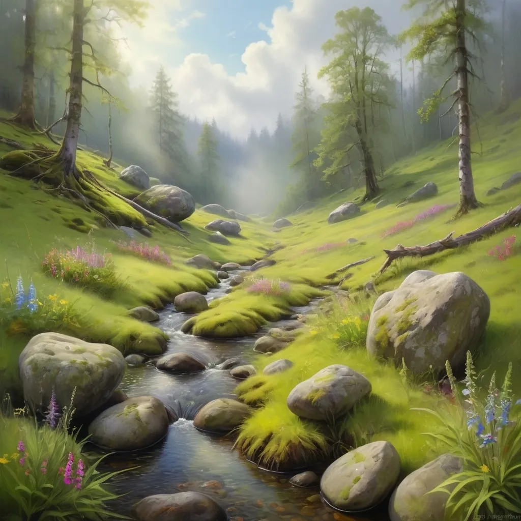 Prompt: magical meadow with profuse wildflowers, creek, lush vegetation, mossy boulders, surrounded by misty forest, dappled sunlight, moody sky, exquisitely detailed outdoor scene, fine arts illustration, oils