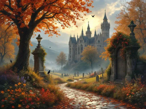 Prompt: create a Fine arts oil painting of a tragic and romantic scene in Roman, An autumnal, gothic romantic scene set in Romania. Vibrant multicolored fall leaves—wine, amber, rust, gold, and deep crimson—cascade gently from towering deciduous trees and swirl across the cobblestone path wet with the passing rain, with small puddles. Rolling hills in rich autumn hues stretch toward the horizon under a golden late-afternoon sun that casts warm, inviting light through drifting mist. Wispy clouds move lazily across an indigo-to-blush sky.
A grand, elaborate Gothic castle rises in the background, majestic yet forlorn, its stone walls glowing softly in the warm autumn light. Ancient trees whisper overhead; crows perch among their branches, one watching from up close with curious intent. A side pathway lined with weathered tombstones leads into a quiet, overgrown cemetery where colorful wildflowers defy decay under an ornate stone arch overgrown with grapevine, moss and ivy. A sparkling creek bordered by vines, berries, reeds, and ferns winds nearby, reflecting the golden light.
In the foreground, an ornate stone arch is draped in ivy, its weathered stones showing hints of moss and lichen under a grapevine.
The mood is intimate, tragic, and romantic. Painterly oil-paint textures enrich the warm autumn tones. A delicate curlicue frame surrounds the image like an ornate greeting card, blending Gothic melancholy with the cozy richness of fall. Soft mist gathers around the edges of the composition with wind-blown leaves, and the sky shows a hint of stars.