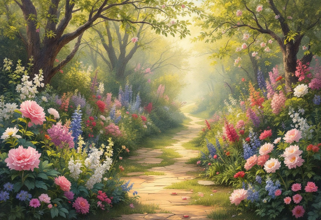 Prompt: Create a painting of a spring garden in full bloom, from Anne of Avonlea, in the style of Thomas Kincade