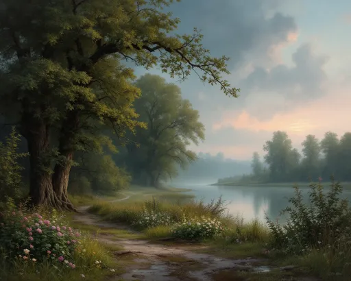 Prompt: a broad, lazy river with patches of fog. Fine arts oil painting of old river scene in Moldavia in the summer, with downed branches and leaves after a summer storm passed. Lush vegetation, abundant flowers, green shrubs, moody sky, tall grasses, wild flowering vines. Puddles on the ground. The pre-dawn sky, a gradient of indigo and blush, casts a haunting yet serene ambiance. Towering, green deciduous trees loom in the background, their branches whispering secrets to the breeze. The scene is infused with a sense of history and reverence, wrapping the viewer in an evocative embrace, reminiscent of a melancholic yet beautiful memory.