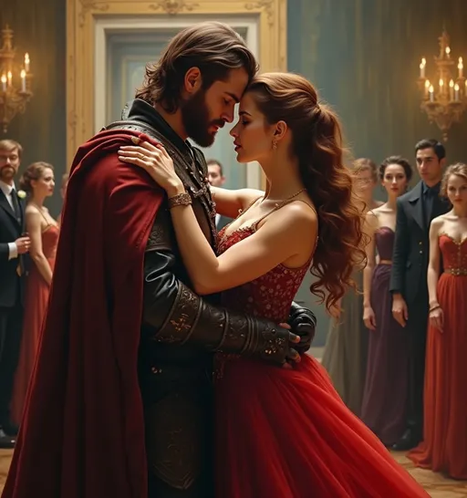 Prompt: handsome, intelligent 25-year-old barbarian warlord with blue eyes, neatly trimmed beard and longish brown hair, tall slim built, dressed in leather and cloak to denote ceremonial attire- a blend of formal elegant and barbarian- dances with beautiful, gray-eyed, dark-auburn-haired woman in a red ball dress with copper belt and upswept hair, in elegant ballroom surrounded by shocked, elegant people watching and whispering, fine arts oil painting. romantic tension in the atmosphere