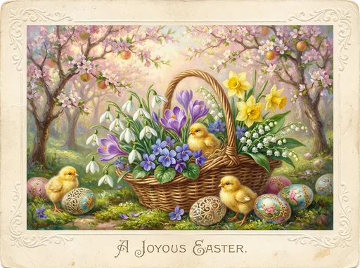 Prompt: Imagine a charming Victorian-style Easter greeting card, adorned with a delicate basket overflowing with vibrant snowdrops, cheerful crocuses, fragrant spring violets, sunny daffodils, and pristine lily of the valley. The scene is bathed in soft pastel hues, as the gentle light of spring filters through a canopy of blooming trees, casting a warm glow on the flowers. Nestled among the blossoms are fluffy newborn chicks, their downy feathers glowing in the light, playfully interacting with the intricately decorated Easter eggs that lay scattered around the basket. This enchanting composition, rendered in dreamy oils, evokes a sense of joy and renewal, capturing the delicate beauty of the season.