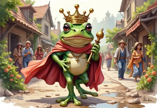 Prompt: whimsical illustration of an ugly, slimy, warty frog, adorning a lavish scepter and flowing cloak, strutting confidently down a muddy village street, puckering its grotesque green lips, comically pretending to be a prince, colorful storybook style, vibrant and humorous ambiance, exaggerated facial expressions, charming village background, lush greenery, and rustic buildings, inviting attention from curious villagers, ultra-detailed, enchanting and playful atmosphere.