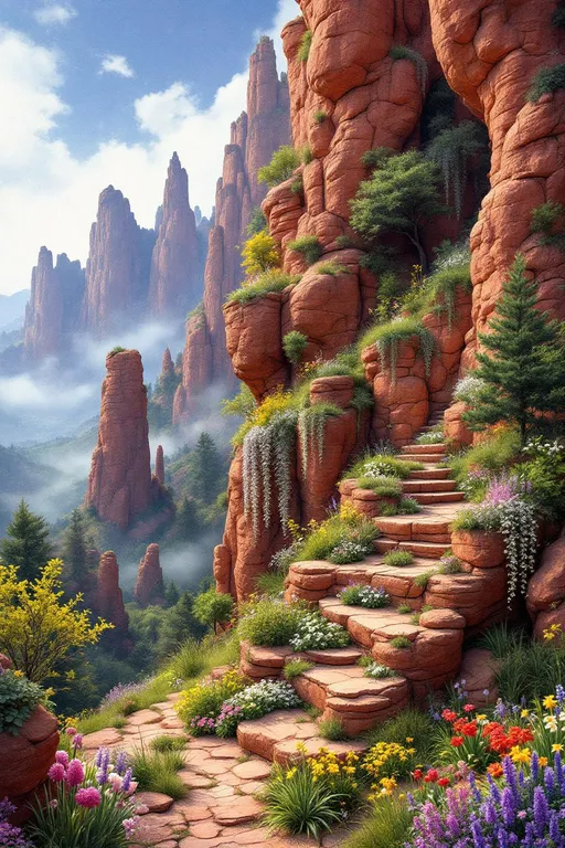 Prompt: Imagine a breathtaking nighttime, springtime pencil, marker and watercolor painting landscape of otherworldly red stone formations—ancient, craggy cliffs and sculptural rock towers curving over the ground, shrouded in mist, looming over distant valleys, their weathered surfaces etched with time.
Nestled within cracks and terraces of the rock, an otherworldly rock garden has taken hold. Delicate life emerges improbably from the stone in an explosion of color: silky grass, delicate otherworldly wildflowers, colorful succulents, tender green shrubs, yellow forsythia, purple wisteria, pink clematis, dew-covered ivy and small, wind-shaped trees rooted in narrow seams of soil. Soft pink and white blossoms cascade from the rock faces, while lilacs, daffodils, hyacinths, snowdrops, tulips, irises, bluebells, dandelions, and other spring flowers bloom in pockets between boulders and along natural stone steps, as if the cliffs themselves are flowering.
Moonlight glimmers on dew-kissed petals and mineral surfaces alike, lending a cool, faintly golden glow to the stone and blooms. Above is a star-filled night sky streaked with distant nebulae, casting gentle shadows that emphasize the scale and texture of the rock formations. Below, sparse but lush dark green grasses ripple softly at the base of the cliffs, reinforcing the contrast between unyielding stone and fragile life.
Rendered as a highly detailed oil landscape in the spirit of 19th-century realist painting, the scene invites the viewer to lose themselves in the serene tension between monumental geology and the quiet persistence of spring.
