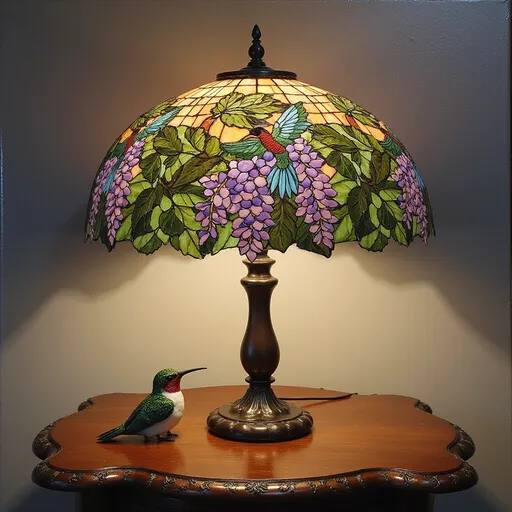 Prompt: Stained glass Tiffany lamp, with a pattern of wisteria and hummingbirds on a vintage table, oil painting