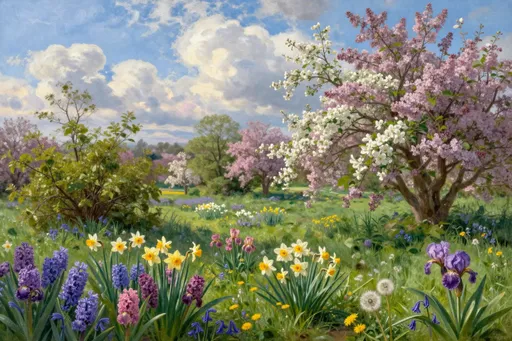 Prompt: Imagine a breathtaking springtime landscape, enveloped in a tapestry of vibrant colors and delicate fragrances. Fluffy, white clouds drift lazily across an azure sky, casting soft shadows over a lush expanse of dark green grass that dances gently in the light breeze. Tender green shrubs burst forth alongside trees adorned with blossoms in soft pinks and whites. A symphony of flowers generously carpets the scene: fragrant lilacs and cheerful daffodils intermingle with vibrant hyacinths, bold irises, charming bluebells, and scattered dandelions, creating a kaleidoscope of colors. The sunlight glimmers on dew-kissed petals, lending a warm, golden glow to the serene countryside. This highly detailed oil landscape invites viewers to lose themselves in its tranquil beauty, reminiscent of 19th-century impressionist works.