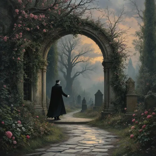 Prompt: A pale, disconsolate, handsome vampire, dressed in elegant Victorian attire, stands by an arched, ornate window, his hand outstretched with longing reaching towards a departing beautiful woman walking away through the swirling fog. The woman veers off the marked trail into a wild area with flowers, flowering vines, trees and shrubs by a lazy river in the swirling fog. Fine arts oil painting in summer, with downed branches and leaves after a summer storm passed. Puddles on the ground. The twilight sky, a gradient of indigo and blush, casts a haunting yet serene ambiance over a weathered stone archway adorned with intricate carvings, partially draped in creeping ivy. Towering, green deciduous trees loom in the background, their branches whispering secrets to the breeze. A pathway, lined with ancient tombstones, leads into the thicket's tranquil depths, where shadows dance delicately. Scene framed in oval of delicate vines and gold scrollwork