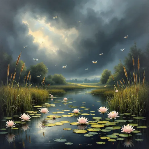 Prompt: Create an enchanting oil painting of the English countryside depicting a tranquil pond dotted with delicate water lilies, their soft pastel colors contrasting against the darkening surroundings. Vibrant dragonflies flit gracefully above the water's surface, their iridescent wings catching the fleeting light. Tall cattails sway gently at the pond's edges, their silhouettes sharp against the looming, moody sky, filled with swirling gray clouds hinting at an impeding storm. The atmosphere is thick with the scent of rain and earthy foliage, while distant thunder rumbles, adding to the scene's tension. Capture this moment with a touch of romanticism, emphasizing the beauty of nature amidst the brooding weather.