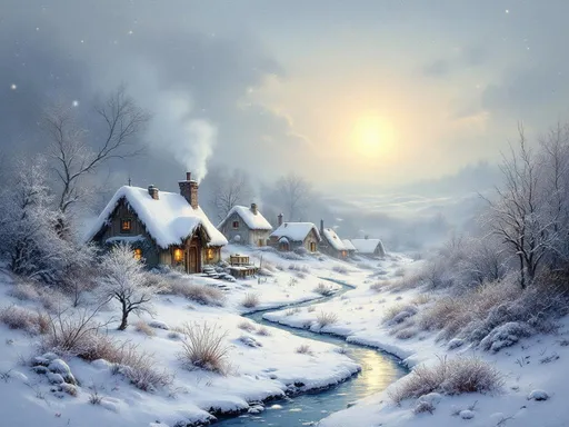 Prompt:  a primitive village blanketed in soft, glistening snow. a low, wintry sun, creating a halo effect that contrasts beautifully with the sparkling, blue- white landscape.  a transparent, incorporeal, ethereal mist, blending seamlessly with the cold air. Below, the village is a cozy cluster of rustic huts, smoke curling up from chimneys into a gray, overcast sky. Tiny gardens are blanketed in thick snow. A distant creek in a corner of the composition is iced over and surrounded by bare trees and bushes that are covered by snow and icy crystals. The atmosphere is serene yet charged with a sense of cozy warmth. The entire image is rendered in a finely detailed oil painting style, capturing the richness of color and texture. Hints of rose and indigo in the sky.