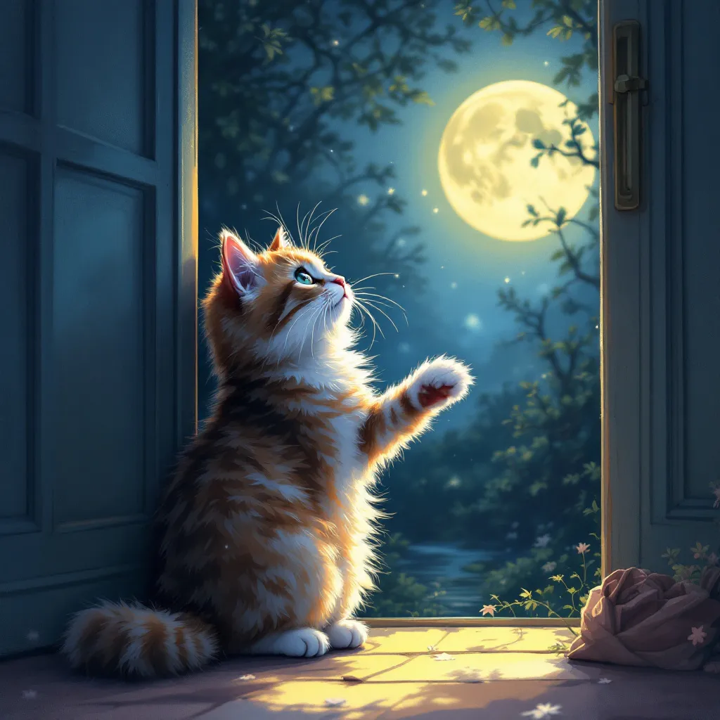 Prompt: A fluffy cat with a twitching tail and one paw extended walks frozen in indecision over the threshold of an open door, caught between two worlds. On one side, a warm and cozy living room glows with the soft light of a fireplace, plush rugs, and an inviting armchair. On the other, a moonlit garden shimmers with silvery foliage, delicate flowers, and the deep blues and purples of the night. The cat's whiskers quiver as if pondering an existential dilemma, embodying the tension of choice. Painted in rich, expressive oil brushstrokes, capturing intricate details of fur, light, and texture in a fine arts illustration style