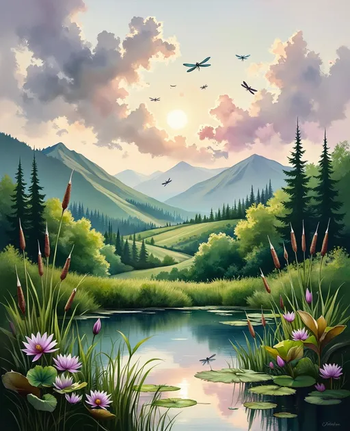 Prompt: A lush, verdant countryside stretches across the canvas, rich with varying shades of green that invite tranquility. In the foreground, a serene pond glimmers, dotted with delicate water lilies that float gracefully atop its surface, while colorful dragonflies dart playfully above, their iridescent wings catching the muted light. Towering cattails sway gently in the warm breeze, their feathery tops brushing against the air. In the distance, soft, rolling hills rise majestically, their outlines softened by the moody sky in silver, blush and lavender, laden with departing storm clouds. The atmosphere is tense yet beautiful, as the light breaks free of the clouds. This captivating scene is rendered in a rich oil painting style, emphasizing texture and depth to evoke an emotional connection with nature’s beauty and impermanence.