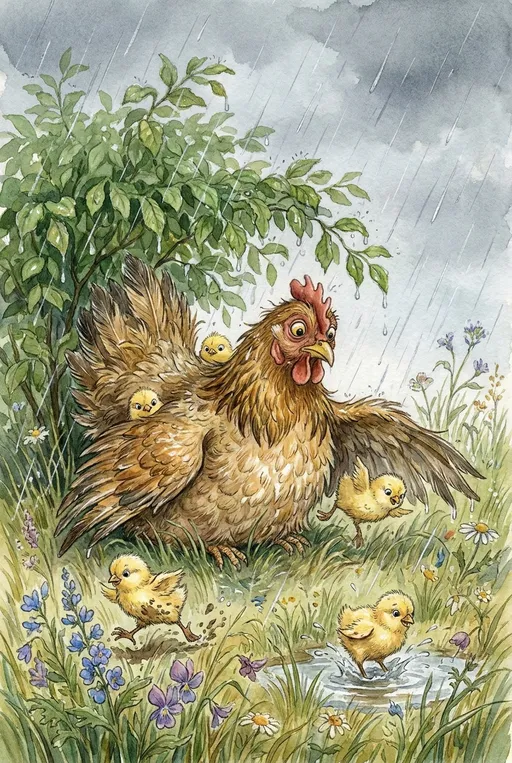 Prompt: A frazzled mama hen crouches beneath a leafy bush during a gentle spring rain, desperately fluffing and spreading her soaked feathers wide to tuck her rambunctious chicks safely underneath her warm body. Several fluffy babies are half-hidden in her plumage, peeking out with bright, rebellious eyes, while others wriggle free and tumble into the tall, rain-drenched grass with gleeful abandon. One chick darts toward a patch of muddy wildflowers, another flaps wildly through puddles, and a third escapes from beneath her wing mid-scold, scattering droplets everywhere. The mama hen wears an expression of pure maternal exhaustion — equal parts love, panic, and disbelief — as she tries in vain to gather her chaotic brood back under cover. Rain falls in shimmering silver streaks beneath a muted gray sky, the wet grass and colorful wildflowers bending softly in the breeze. Her feathers form a protective cocoon constantly being breached by tiny agents of chaos determined to explore the storm and cause mayhem. The scene balances warmth, comedy, and tenderness, capturing the impossible task of keeping adventurous babies safe. Rendered in a charming watercolor-and-oil illustration style, finely detailed, expressive brushwork, luminous textures, exquisite painting.