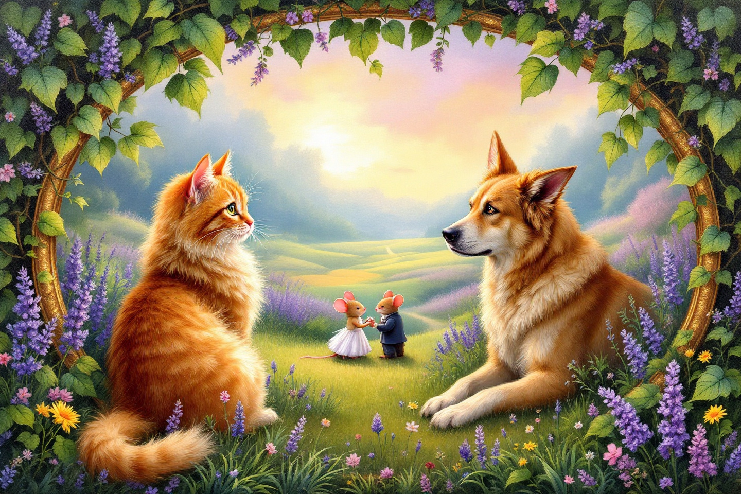 Prompt: oil painting, farm cat and guard dog talk, observing a distant mouse wedding, enchanting farm setting, whimsical storybook illustration in oval frame adorned with lush vines and verdant leaves, delicate gold rim, dreamy ambiance, romantic atmosphere, soft, muted colors, ethereal and magical feel, ultra-detailed, high-quality art masterpiece.
