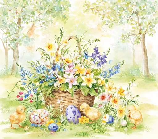 Prompt: Imagine a charming Victorian-style Easter greeting card, adorned with a delicate basket overflowing with vibrant snowdrops, cheerful crocuses, fragrant violets, sunny daffodils, and pristine lily of the valley. The scene is bathed in soft pastel hues, as the gentle light of spring filters through a canopy of blooming trees, casting a warm glow on the flowers. Nestled among the blossoms are fluffy newborn chicks, their downy feathers glowing in the light, playfully interacting with the intricately decorated Easter eggs that lay scattered around the basket. This enchanting composition, rendered in dreamy watercolor, evokes a sense of joy and renewal, capturing the delicate beauty of the season.