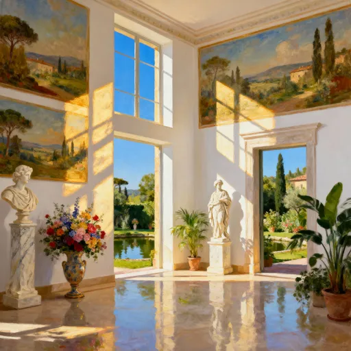 Prompt: Imagine the interior of a modern Tuscan-style villa, where the bright white walls exude a sense of serenity and elegance. The soft, warm glow of golden afternoon sunlight streams in through tall windows, casting gentle shadows that dance across the extensive collection of landscape paintings adorning the walls. These artworks create a visual dialogue with the graceful marble statues placed thoughtfully around the room, adding a touch of classical charm. Formal flower arrangements in elegant vases burst with vibrant colors, while verdant indoor plants thrive in the corners, lending life and freshness to the space. Beyond the windows, a lush garden stretches out, with a tranquil pond glimmering under the clear blue sky. The overall ambiance whispers luxury and tranquility, ideally portrayed in rich, expressive oil paints that capture the warmth and beauty of this idyllic scene.