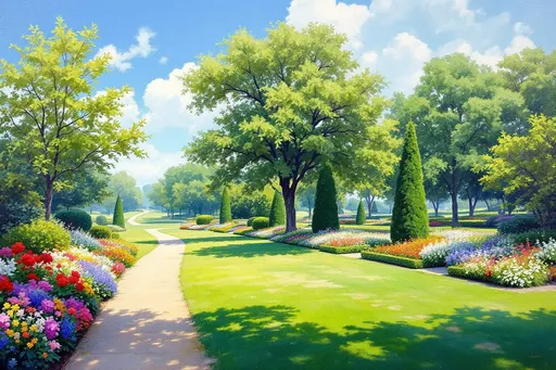 Prompt: fine arts painting, bright summer day, vibrant colors, crisp blue sky with fluffy white clouds, lush green grassy expanses with random trees, charming alleys winding through tall, colorful summer flower beds, artistically sculpted low hedges, serene and cheerful atmosphere, delightful park setting, ultra-detailed, sunlit scene, high-quality masterpiece.
