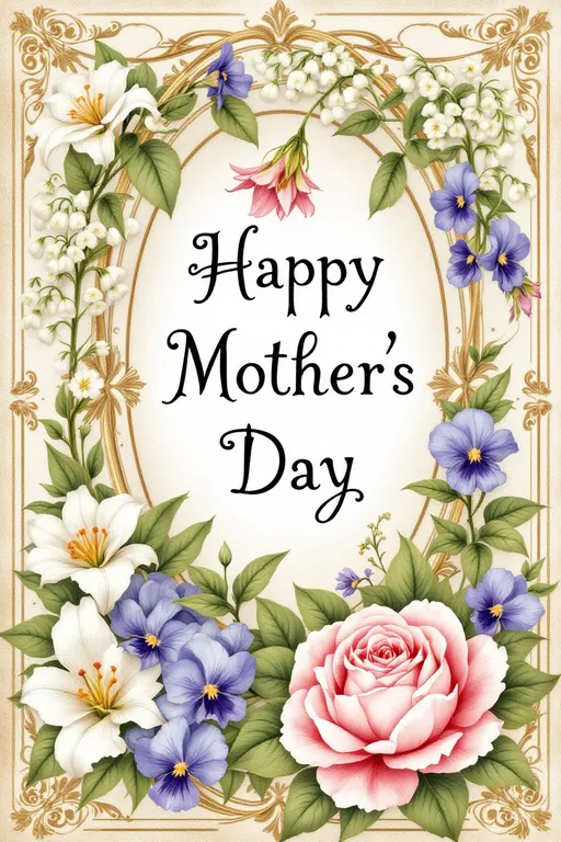 Prompt: A nostalgic, Victorian-style Mother’s Day card featuring hand-drawn botanical elements, lily-of-the-valleys, violets, intricate roses, and an ornate golden frame.