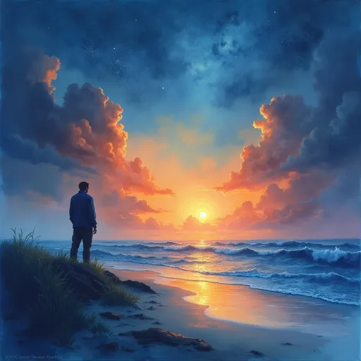 Prompt: watercolor painting, ethereal atmosphere, a harmonious transition from night to day, vivid hues of twilight blues blending into warm sunrise oranges, with mystical stars twinkling above softly, soft brush strokes, dreamlike composition, representation of hope, symbolic imagery of beginnings emerging from darkness, 4K, ultra-detailed, evocative and captivating, genius artistry. Silhouette of a man standing on the shore, looking out