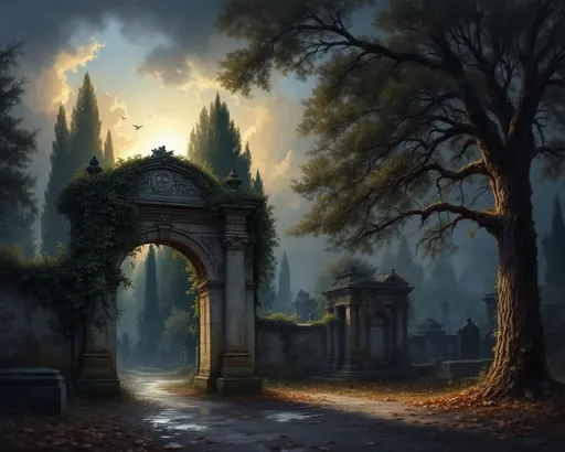 Prompt: Visualize an atmospheric fine arts oil painting of the city cemetery in Roman, Romania, with downed branches and leaves after a summer storm passed. Puddles on the ground. The sky, a gradient of indigo, gold and blush, casts a haunting yet serene ambiance over a weathered stone archway adorned with intricate carvings, partially draped in creeping ivy. Dark, towering deciduous trees loom in the background, their branches whispering secrets to the breeze. A pathway, lined with ancient tombstones, leads into the cemetery’s tranquil depths, where shadows dance delicately.  The scene is infused with a sense of history and reverence, wrapping the viewer in an evocative embrace, reminiscent of a melancholic yet beautiful memory.